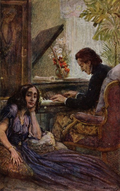 Postcard Depicting George Sand Listening to Frederic Chopin Play the Piano by Adolf Karpellus